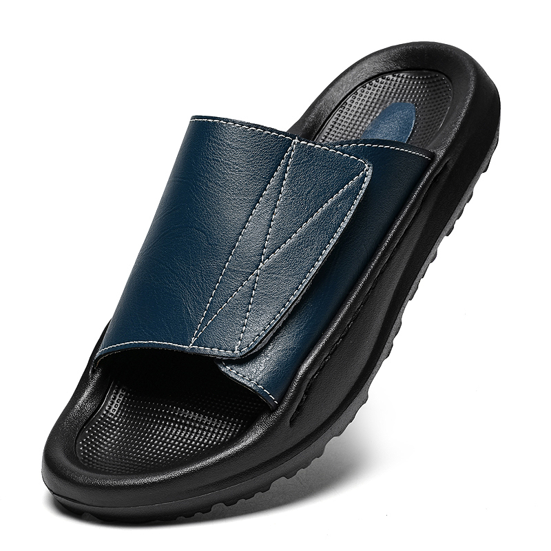 Easy-top Leather Slide Slipper - Men Shoes Velcro บทวิจารณ์และราคา